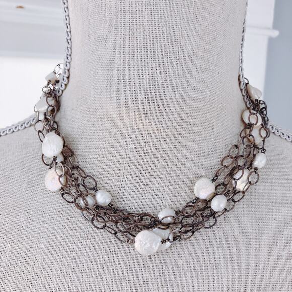 Multi-Strand Pearl Necklace on Oxidized Silver Chain, Boho Style, 13.5" - 16.5" - Picture 6 of 9